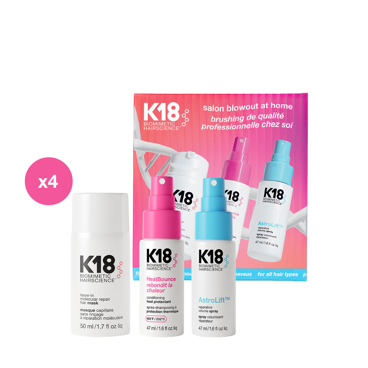 4 x K18 Salon Blowout at Home Kit - 50ml mask, HeatBounce & Astrolift 47ml 3-4/26 DEAL